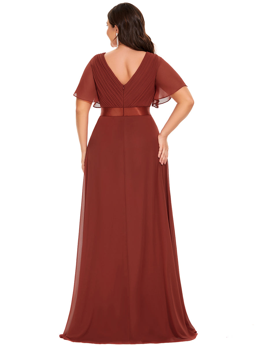 Color=Vermilion | Glamorous Double V-Neck Ruffles Padded Plus Size Evening Dresses-Vermilion 2