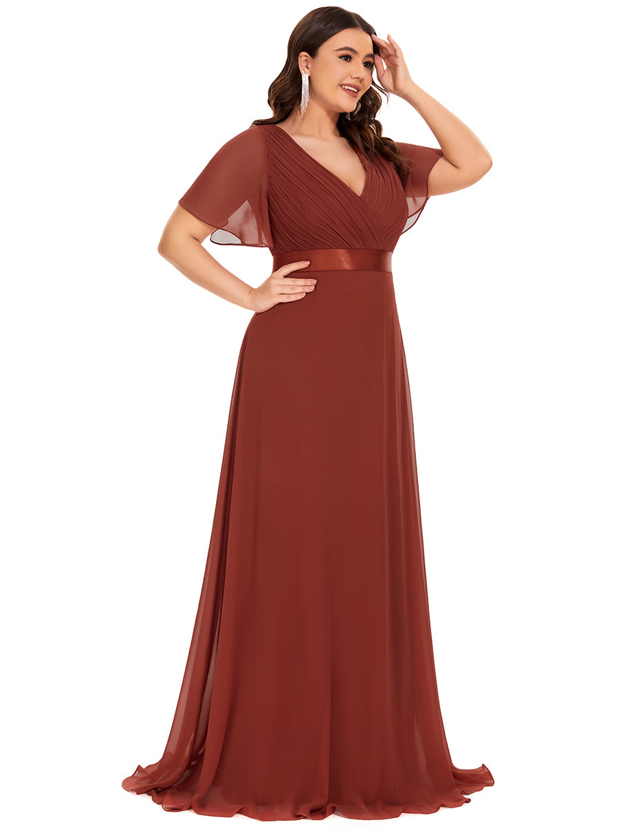 Color=Vermilion | Glamorous Double V-Neck Ruffles Padded Plus Size Evening Dresses-Vermilion 3
