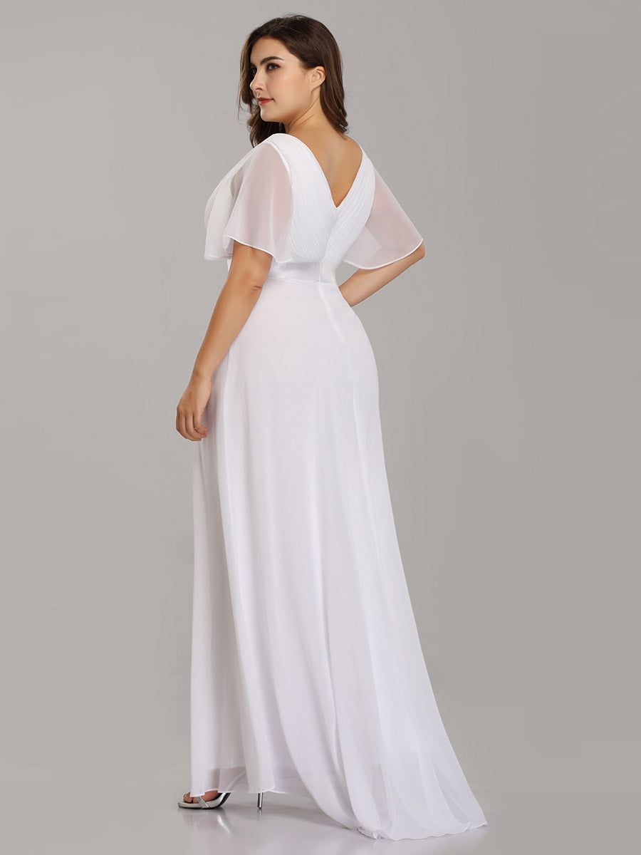 Double V-Neck Ruffles Padded Plus Size Wholesale Evening Dresses #Color_White