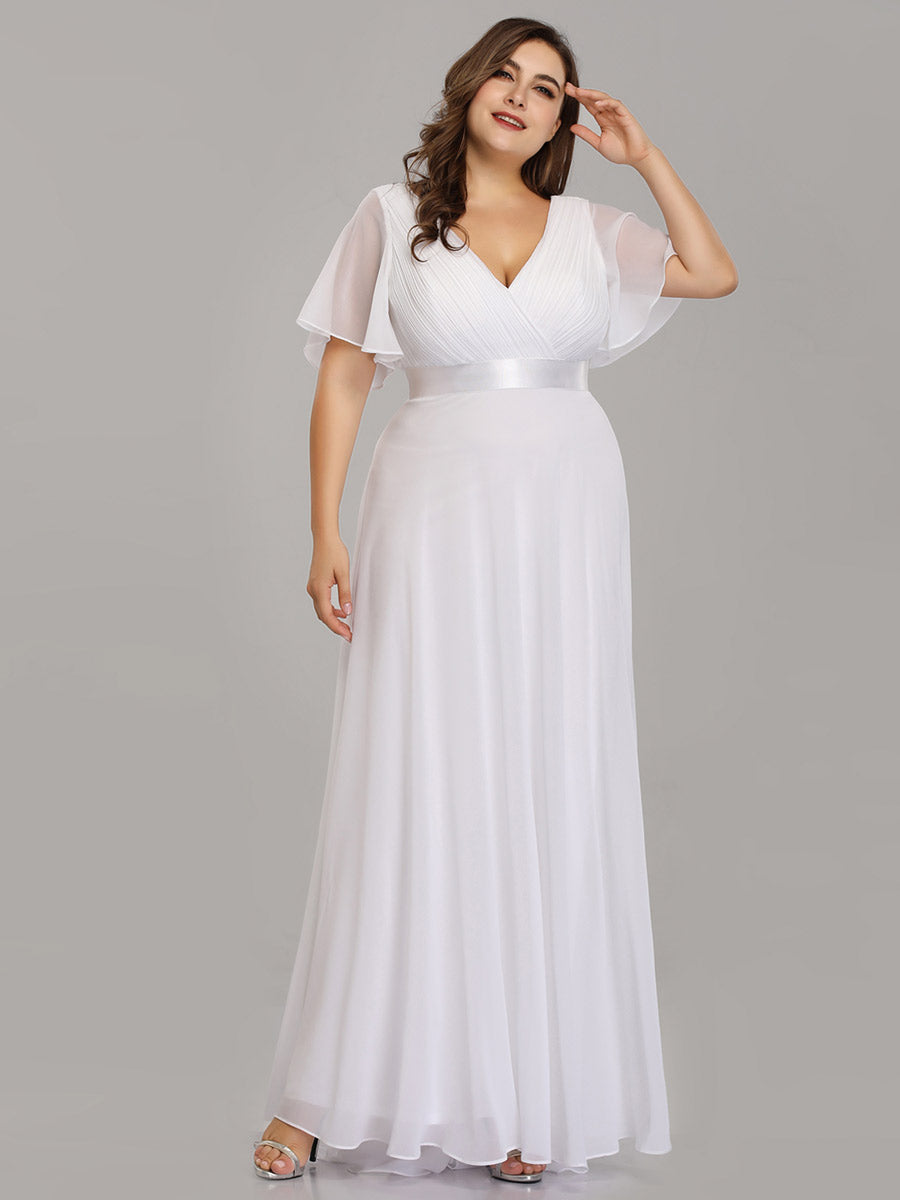 Double V-Neck Ruffles Padded Plus Size Wholesale Evening Dresses #Color_White