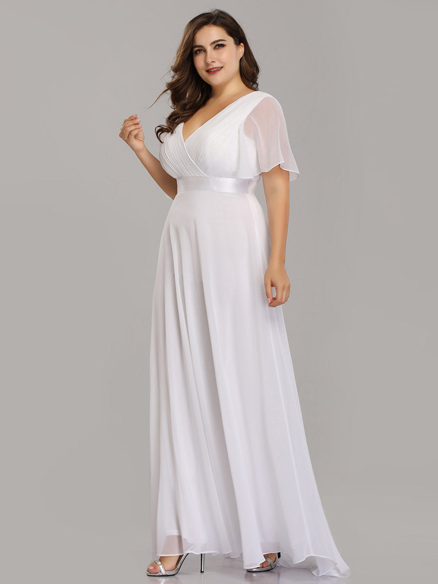 Double V-Neck Ruffles Padded Plus Size Wholesale Evening Dresses #Color_White