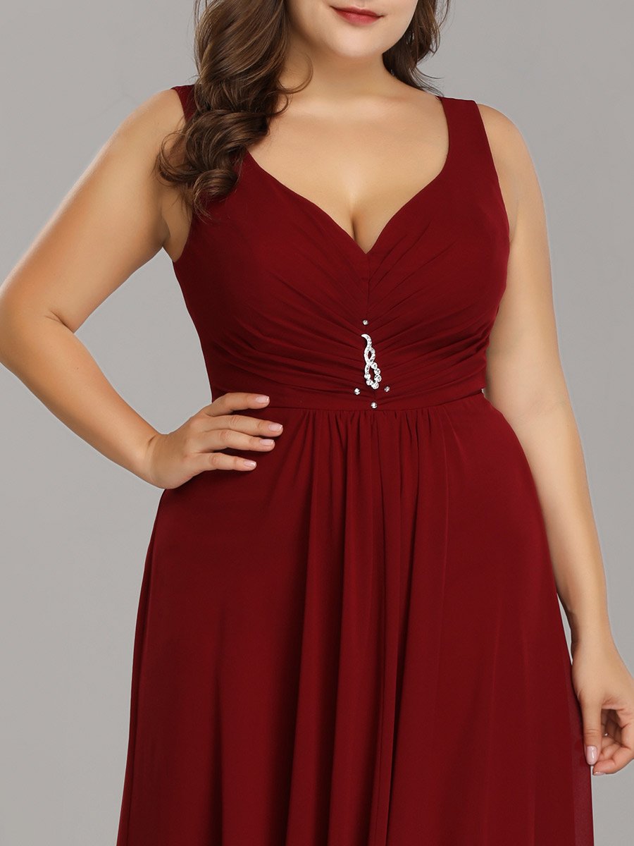 Color=Burgundy | E4Wholesale Plus Size Double V Neck Rhinestones Ruched Bust High Low Evening Dresses Ep09983-Burgundy 5