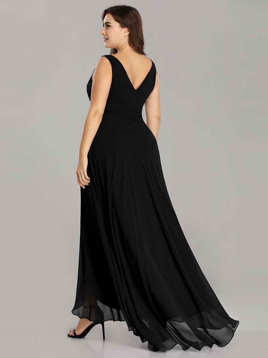 Color=Black | E4Wholesale Plus Size Double V Neck Rhinestones Ruched Bust High Low Evening Dresses Ep09983-Black 2