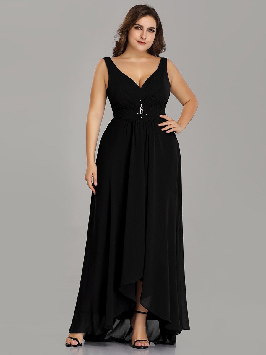 Color=Black | E4Wholesale Plus Size Double V Neck Rhinestones Ruched Bust High Low Evening Dresses Ep09983-Black 4