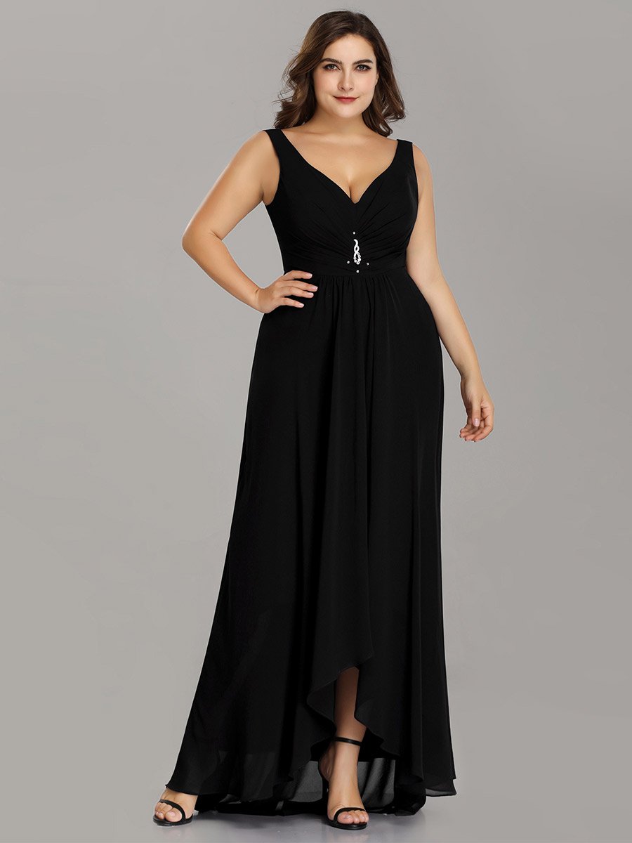 Color=Black | E4Wholesale Plus Size Double V Neck Rhinestones Ruched Bust High Low Evening Dresses Ep09983-Black 1