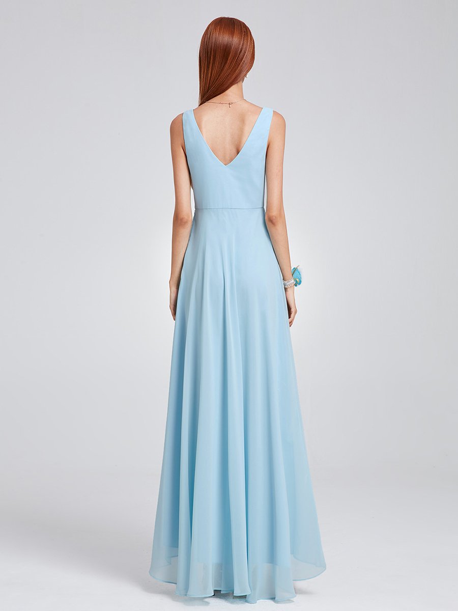 Color=Sky Blue | E4Wholesale Double V Neck Rhinestones Ruched Bust High Low Evening Dresses Ep09983-Sky Blue 5