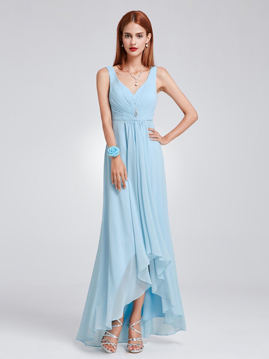 Color=Sky Blue | E4Wholesale Double V Neck Rhinestones Ruched Bust High Low Evening Dresses Ep09983-Sky Blue 6