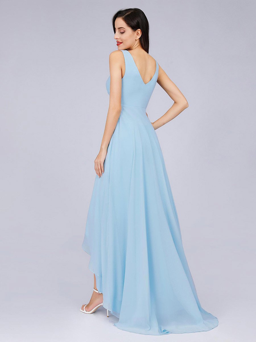 Color=Sky Blue | E4Wholesale Double V Neck Rhinestones Ruched Bust High Low Evening Dresses Ep09983-Sky Blue 2