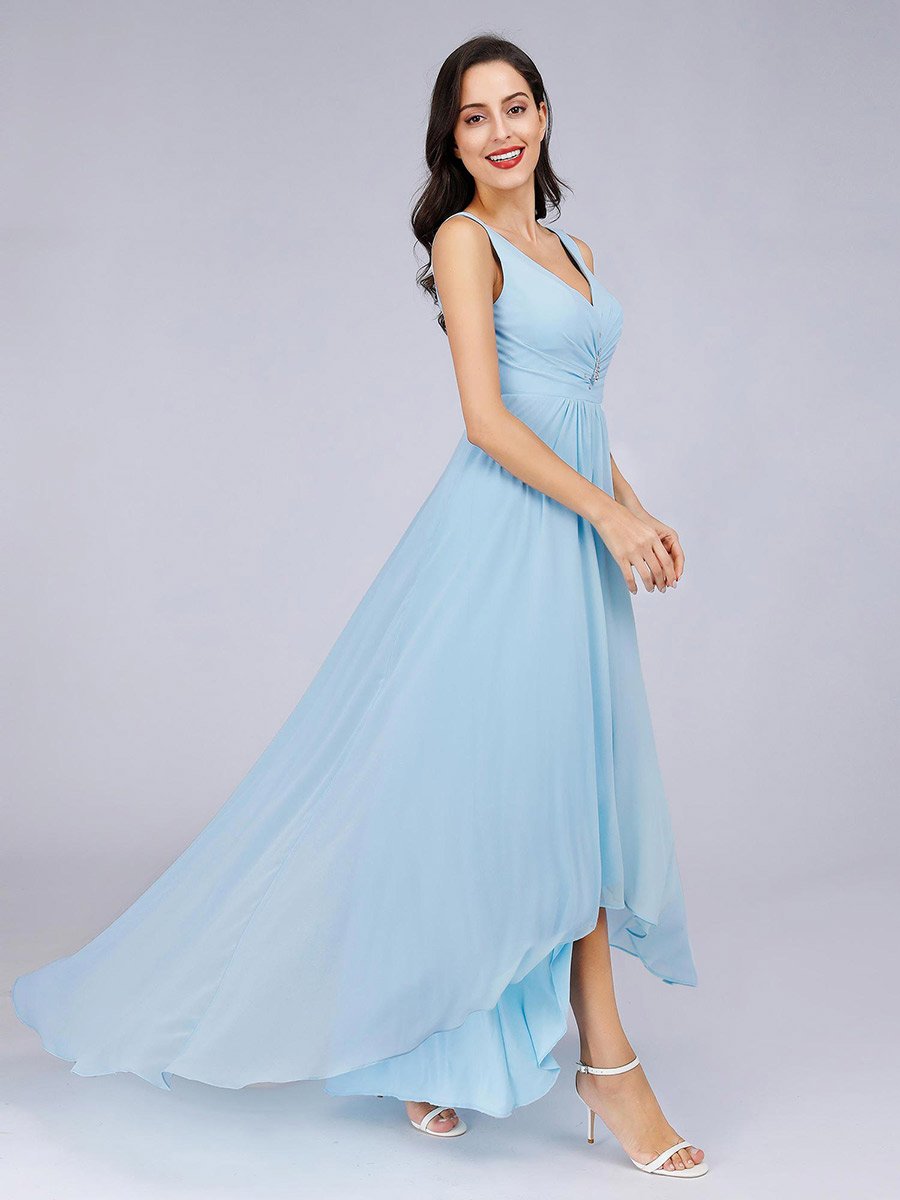 Color=Sky Blue | E4Wholesale Double V Neck Rhinestones Ruched Bust High Low Evening Dresses Ep09983-Sky Blue 3