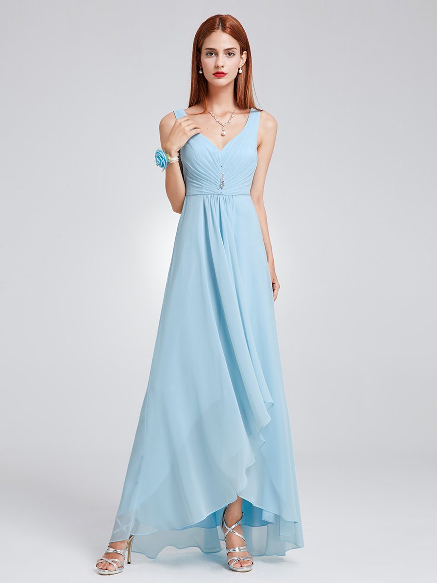 Color=Sky Blue | E4Wholesale Double V Neck Rhinestones Ruched Bust High Low Evening Dresses Ep09983-Sky Blue 4