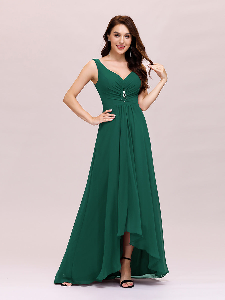 Color=Dark Green | Double V Neck Rhinestones Ruched Bust High Low Evening Dresses-Dark Green 3
