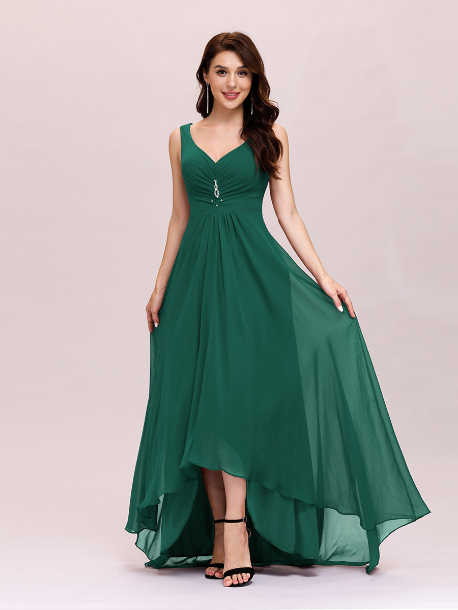 Color=Dark Green | Double V Neck Rhinestones Ruched Bust High Low Evening Dresses-Dark Green 1
