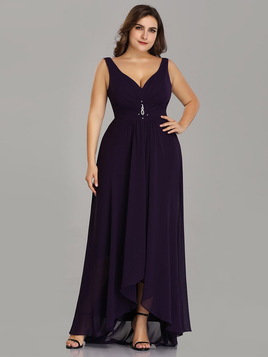 Color=Dark Purple | E4Wholesale Plus Size Double V Neck Rhinestones Ruched Bust High Low Evening Dresses Ep09983-Dark Purple 1
