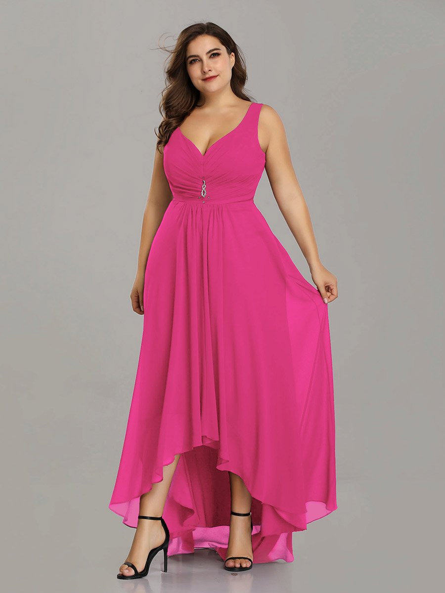 Color=Hot Pink | E4Wholesale Plus Size Double V Neck Rhinestones Ruched Bust High Low Evening Dresses Ep09983-Hot Pink 4