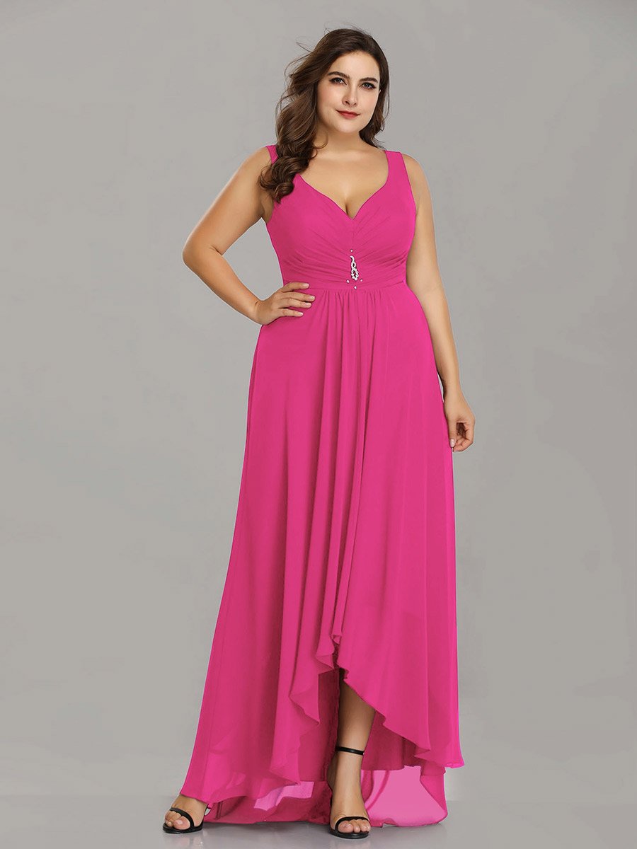 Color=Hot Pink | E4Wholesale Plus Size Double V Neck Rhinestones Ruched Bust High Low Evening Dresses Ep09983-Hot Pink 1