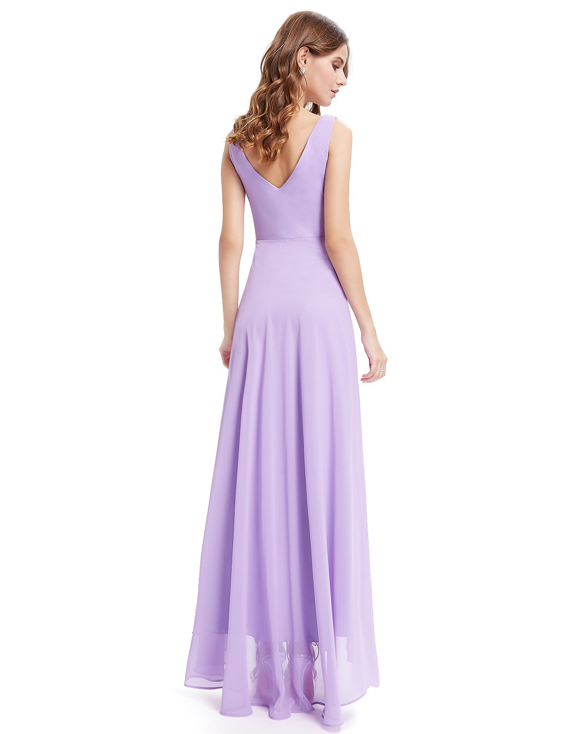 Color=Lavender | E4Wholesale Double V Neck Rhinestones Ruched Bust High Low Evening Dresses Ep09983-Lavender 2