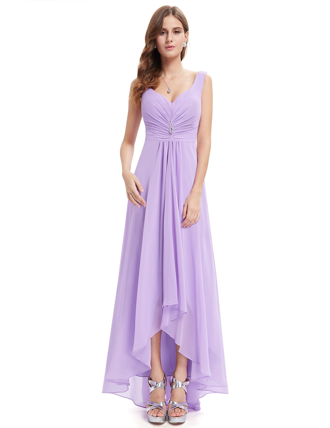 Color=Lavender | E4Wholesale Double V Neck Rhinestones Ruched Bust High Low Evening Dresses Ep09983-Lavender 3