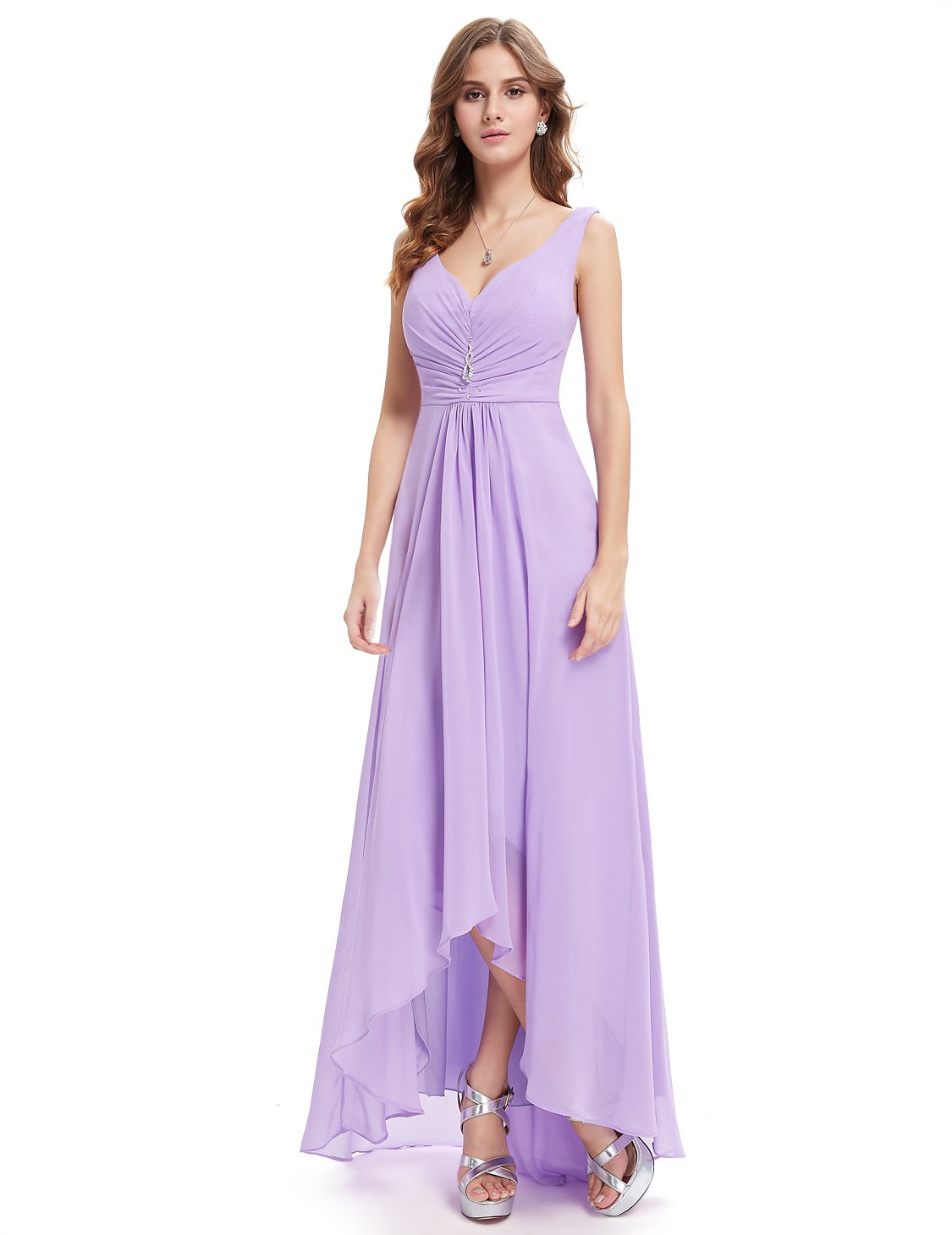 Color=Lavender | E4Wholesale Double V Neck Rhinestones Ruched Bust High Low Evening Dresses Ep09983-Lavender 4