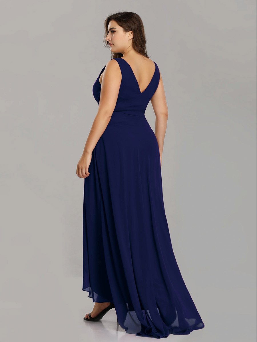 Color=Navy Blue | E4Wholesale Double V Neck Rhinestones Ruched Bust High Low Evening Dresses Ep09983-Navy Blue 2