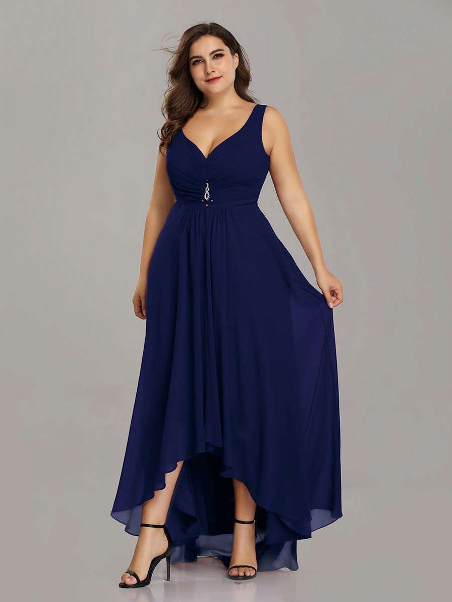 Color=Navy Blue | E4Wholesale Plus Size Double V Neck Rhinestones Ruched Bust High Low Evening Dresses Ep09983-Navy Blue 4
