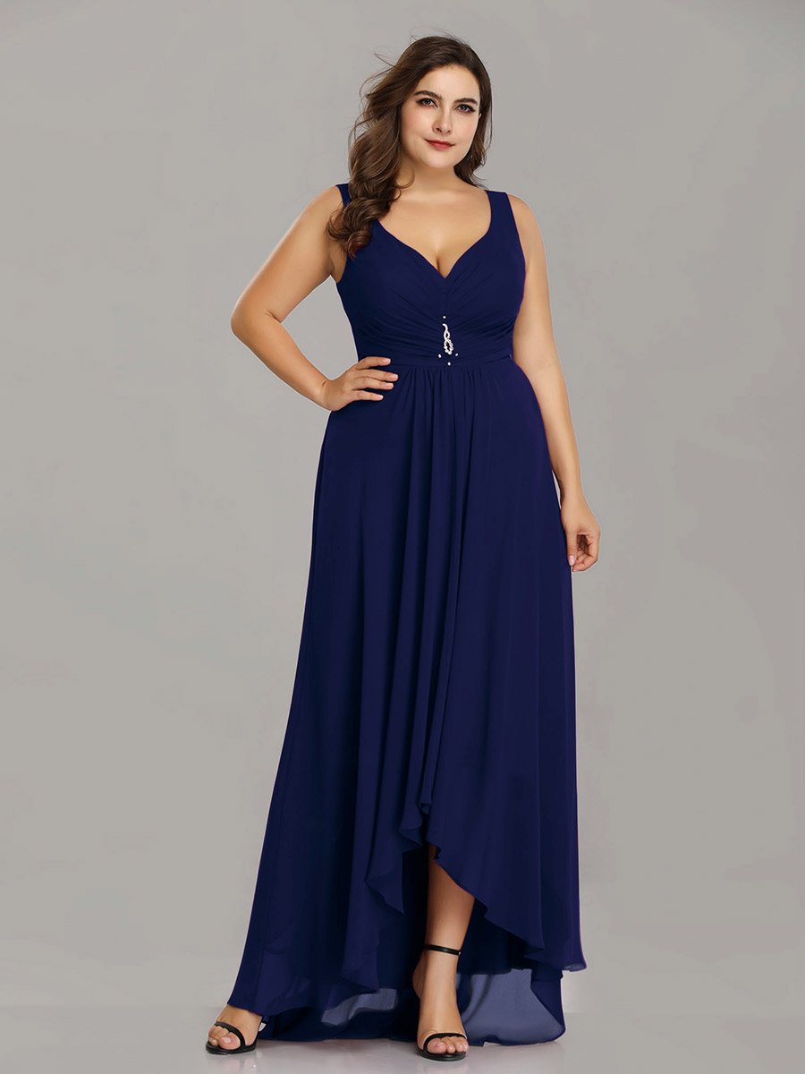 Color=Navy Blue | E4Wholesale Plus Size Double V Neck Rhinestones Ruched Bust High Low Evening Dresses Ep09983-Navy Blue 1
