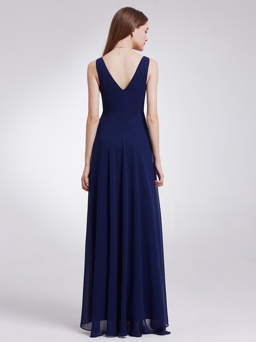 Color=Navy Blue | E4Wholesale Double V Neck Rhinestones Ruched Bust High Low Evening Dresses Ep09983-Navy Blue 4