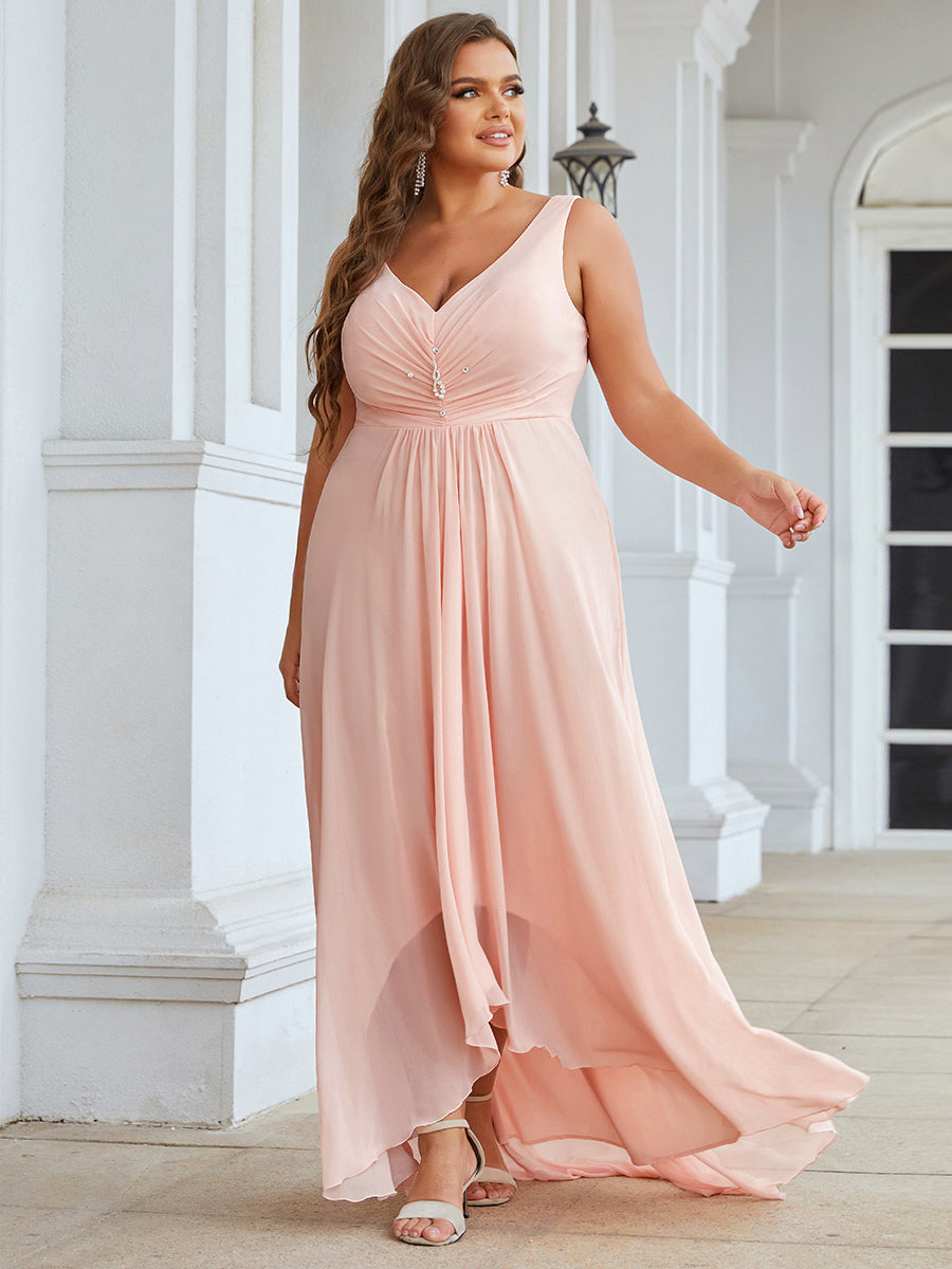 COLOR=Pink | V-Neck High-Low Evening Dress-Pink 2