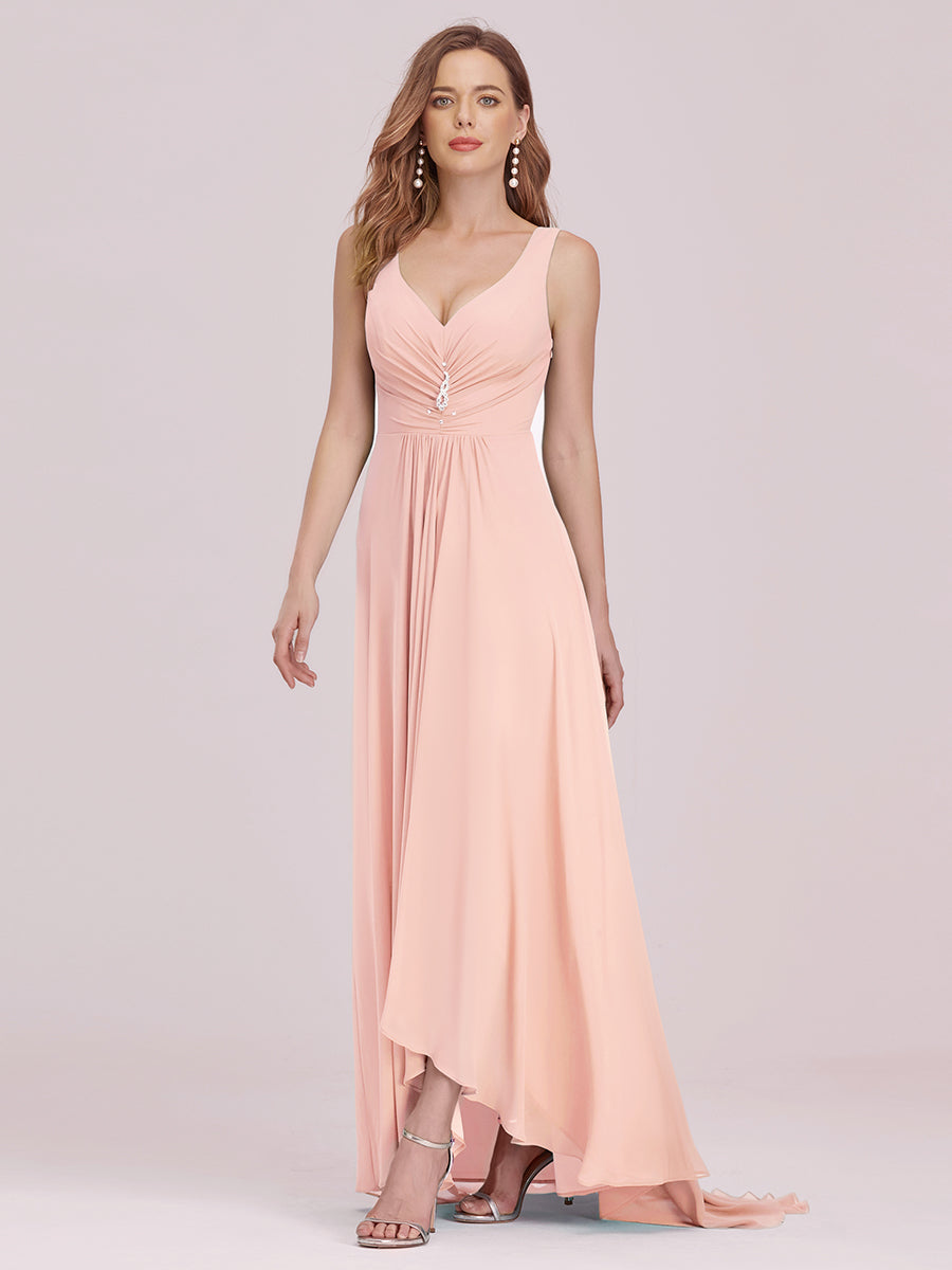 Color=Pink | Double V Neck Rhinestones Ruched Bust High Low Evening Dresses-Pink 4
