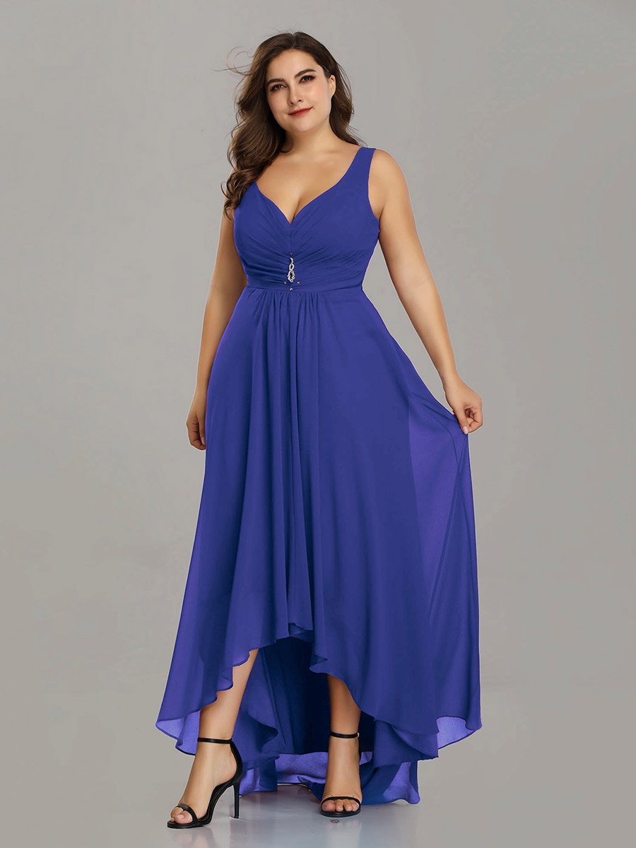Color=Sapphire Blue | E4Wholesale Plus Size Double V Neck Rhinestones Ruched Bust High Low Evening Dresses Ep09983-Sapphire Blue 4