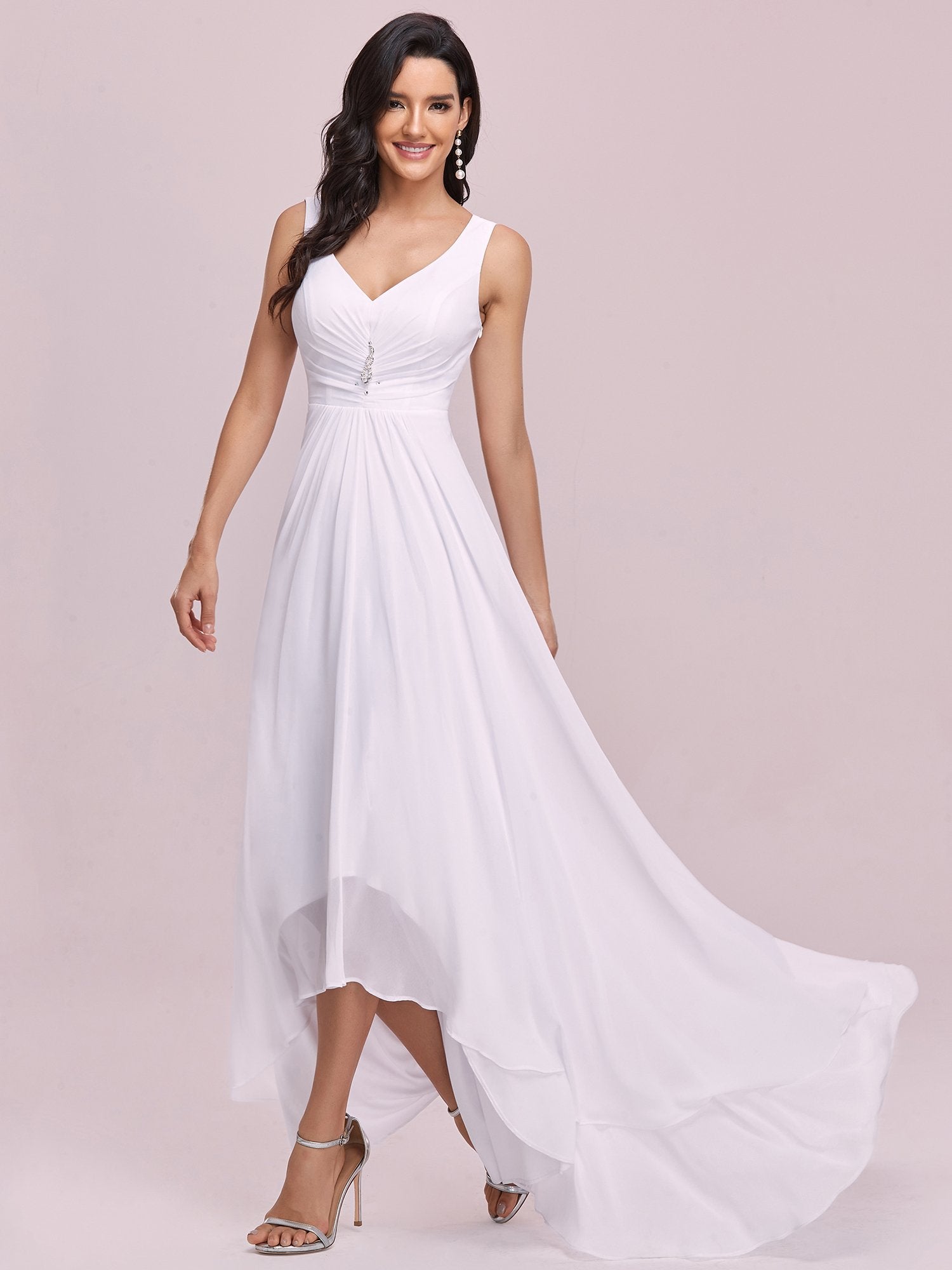 COLOR=White | V-Neck High-Low Evening Dress-White 2