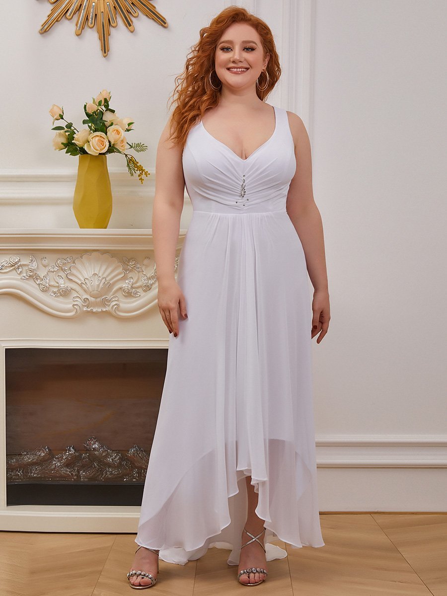 Color=White | E4Wholesale Plus Size Double V Neck Rhinestones Ruched Bust High Low Evening Dresses Ep09983-White 1