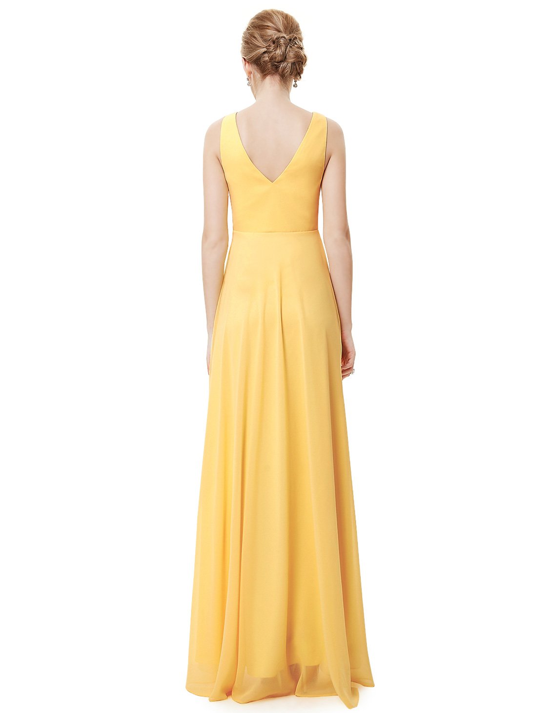 Color=Yellow | E4Wholesale Double V Neck Rhinestones Ruched Bust High Low Evening Dresses Ep09983-Yellow 2