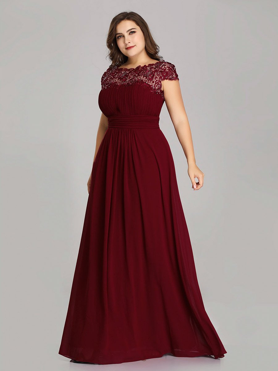 Color=Burgundy | Lacey Neckline Open Back Ruched Bust Plus Size Evening Dresses-Burgundy 7