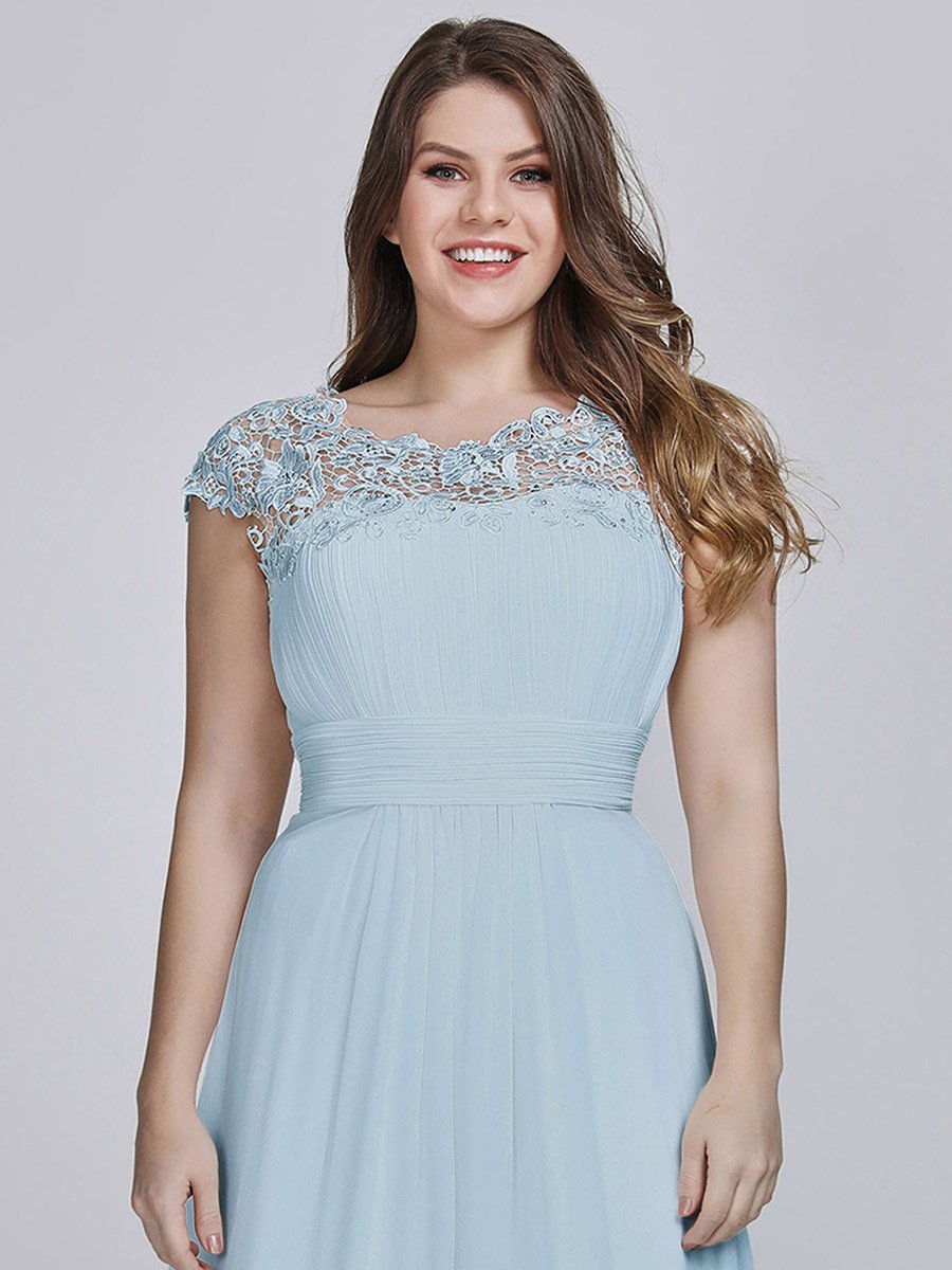 Color=Sky Blue | Lacey Neckline Open Back Ruched Bust Plus Size Evening Dresses-Sky Blue 5