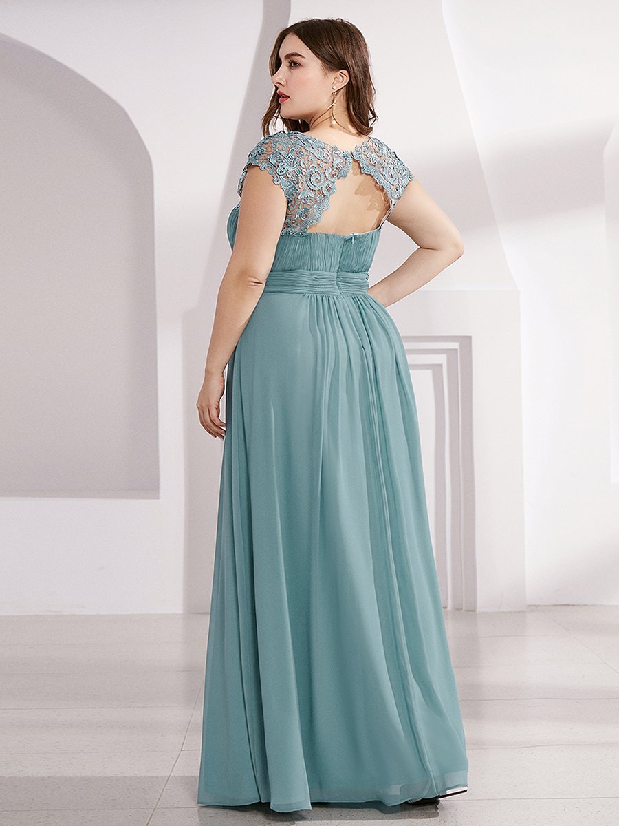 Color=Dusty Blue | Lacey Neckline Open Back Ruched Bust Plus Size Evening Dresses-Dusty Blue 2