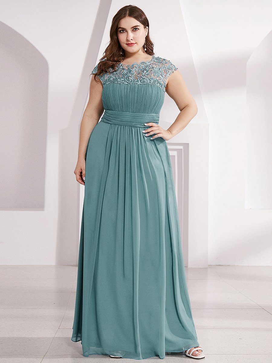 Color=Dusty Blue | Lacey Neckline Open Back Ruched Bust Plus Size Evening Dresses-Dusty Blue 4
