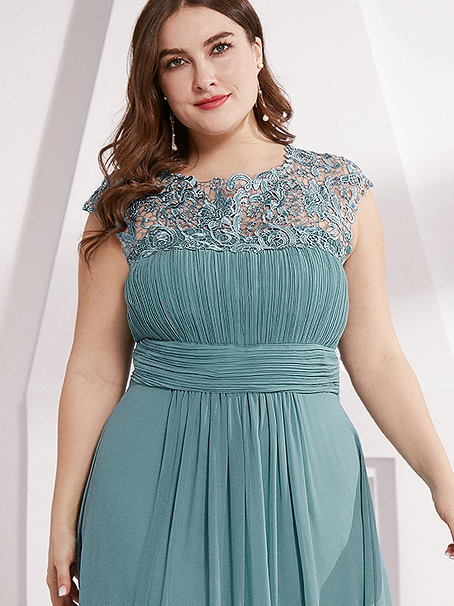 Color=Dusty Blue | Lacey Neckline Open Back Ruched Bust Plus Size Evening Dresses-Dusty Blue 5