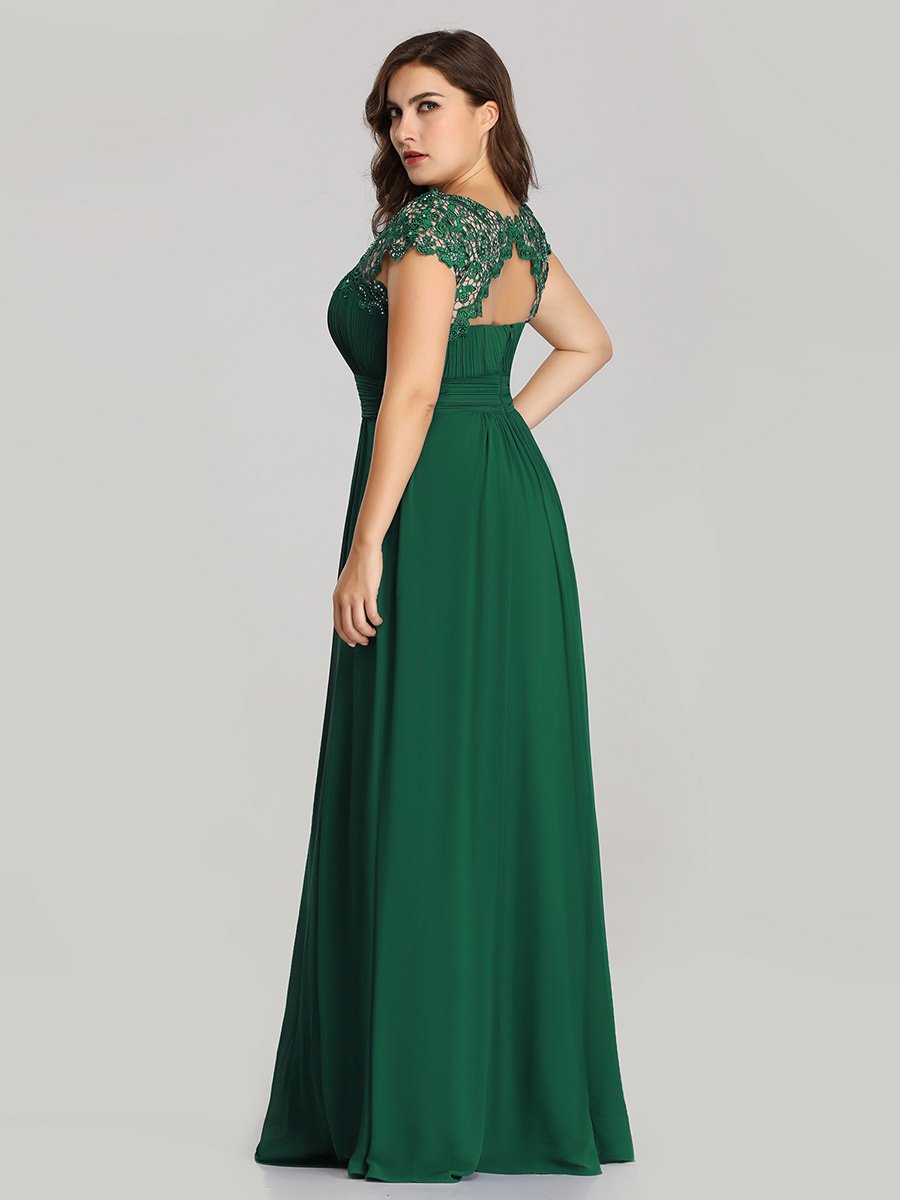 Color=Dark Green | Lacey Neckline Open Back Ruched Bust Plus Size Evening Dresses-Dark Green 2
