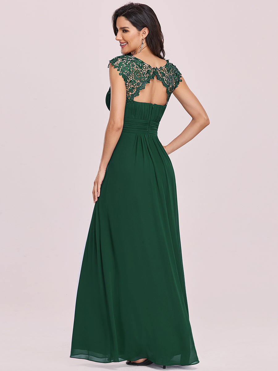 Color=Dark Green | Lacey Neckline Open Back Ruched Bust Wholesale Evening Dresses-Dark Green 3