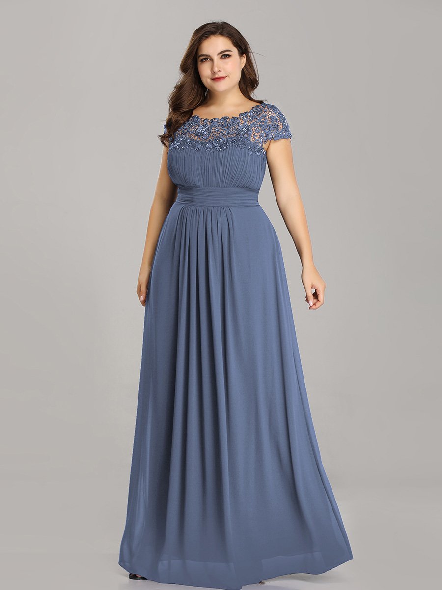 Color=Dusty Blue | Lacey Neckline Open Back Ruched Bust Plus Size Evening Dresses-Dusty Blue 3