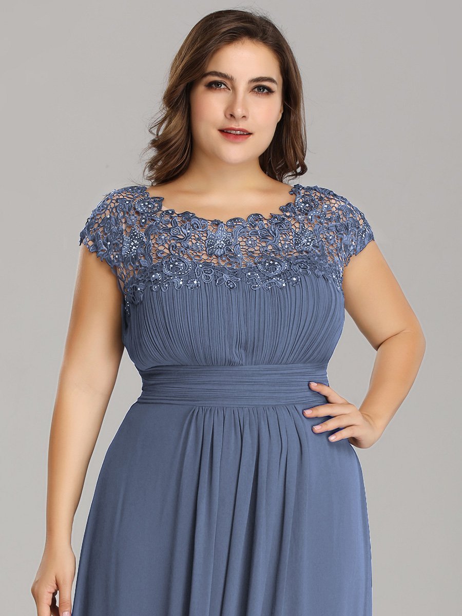 Color=Dusty Blue | Lacey Neckline Open Back Ruched Bust Plus Size Evening Dresses-Dusty Blue 5