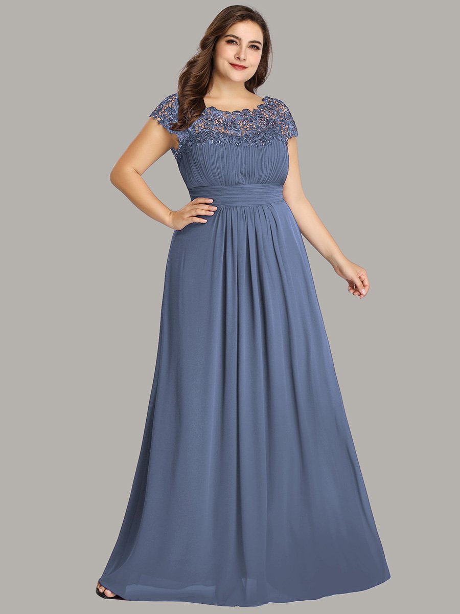Color=Dusty Blue | Lacey Neckline Open Back Ruched Bust Plus Size Evening Dresses-Dusty Blue 1