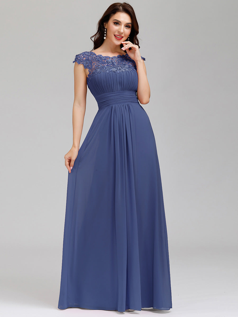 Color=Dusty Navy | lacey-neckline-open-back-ruched-bust-wholesale-evening-dresses-ep09993-2-Dusty Navy 1