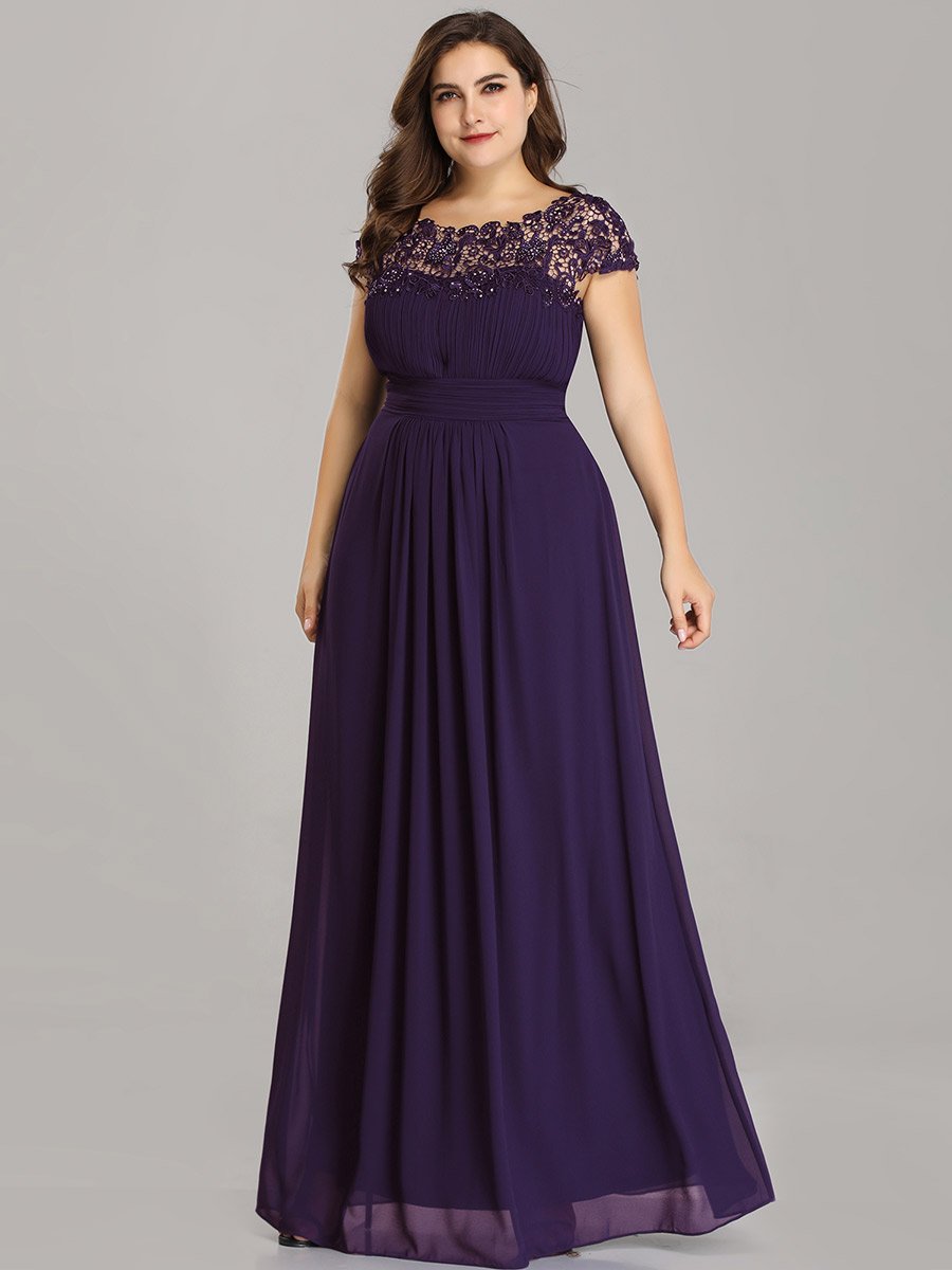 Color=Dark Purple | Lacey Neckline Open Back Ruched Bust Plus Size Evening Dresses-Dark Purple 3