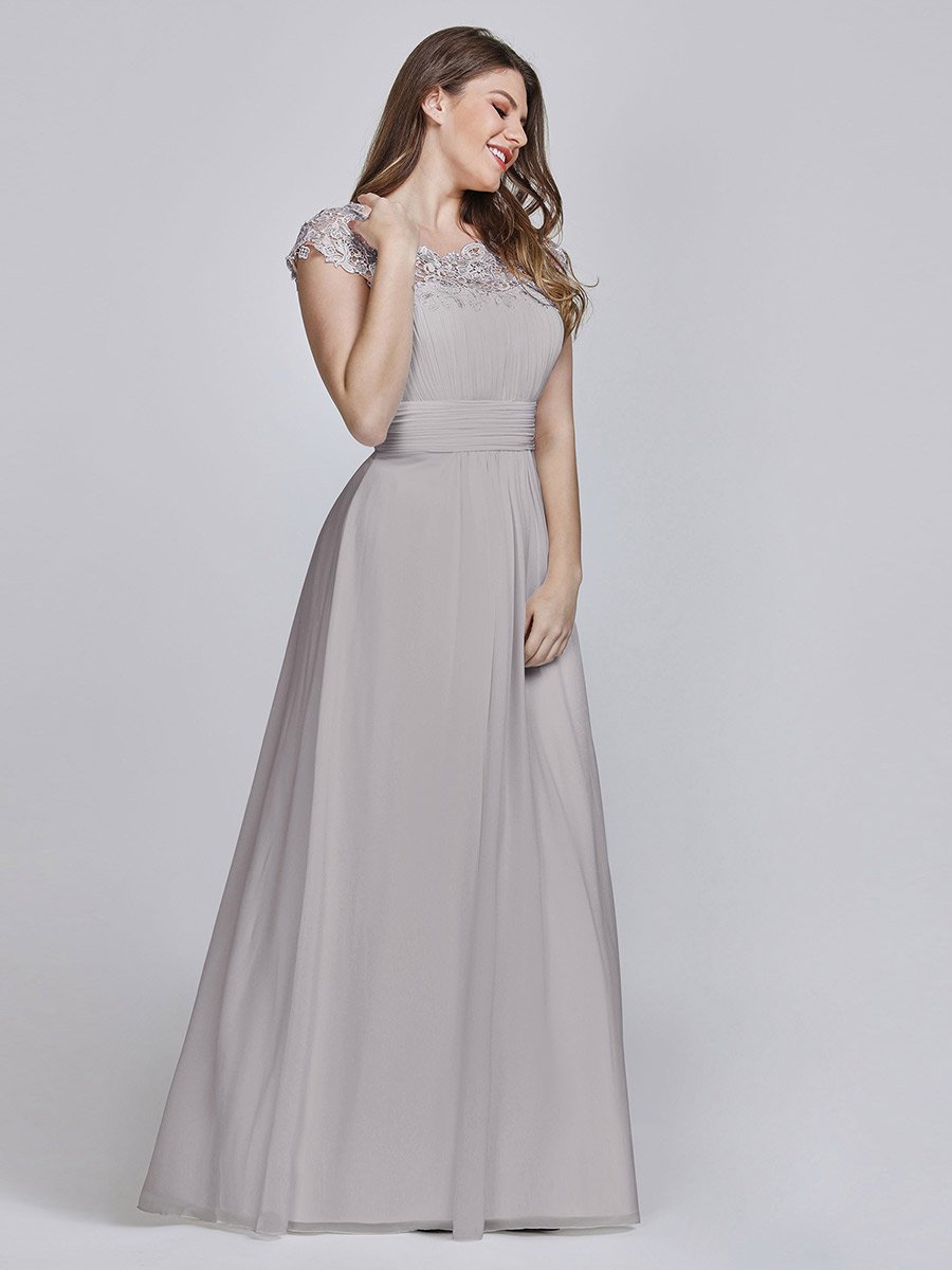 Color=Grey | Lacey Neckline Open Back Ruched Bust Plus Size Evening Dresses-Grey 7