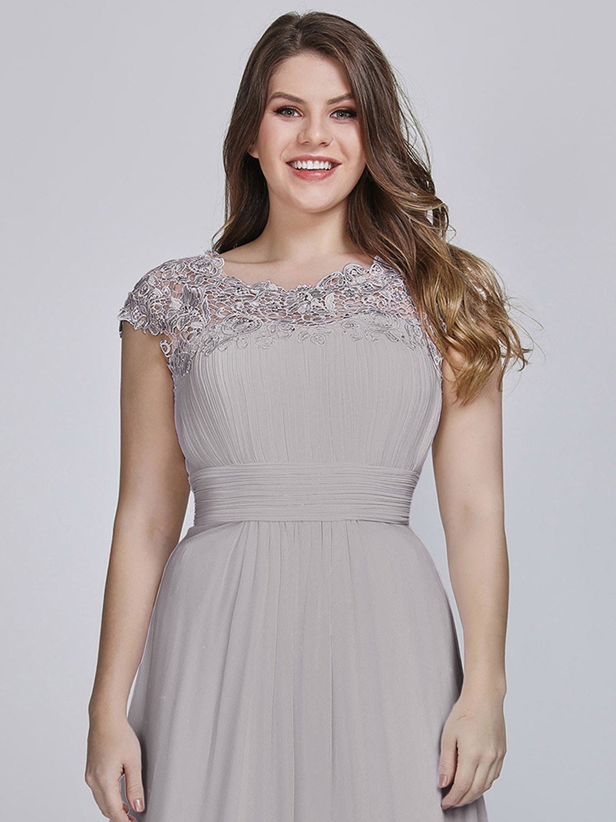 Color=Grey | Lacey Neckline Open Back Ruched Bust Plus Size Evening Dresses-Grey  9