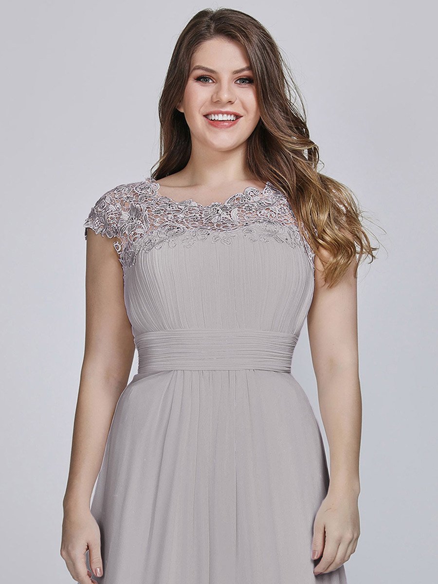Color=Grey | Lacey Neckline Open Back Ruched Bust Plus Size Evening Dresses-Grey 9