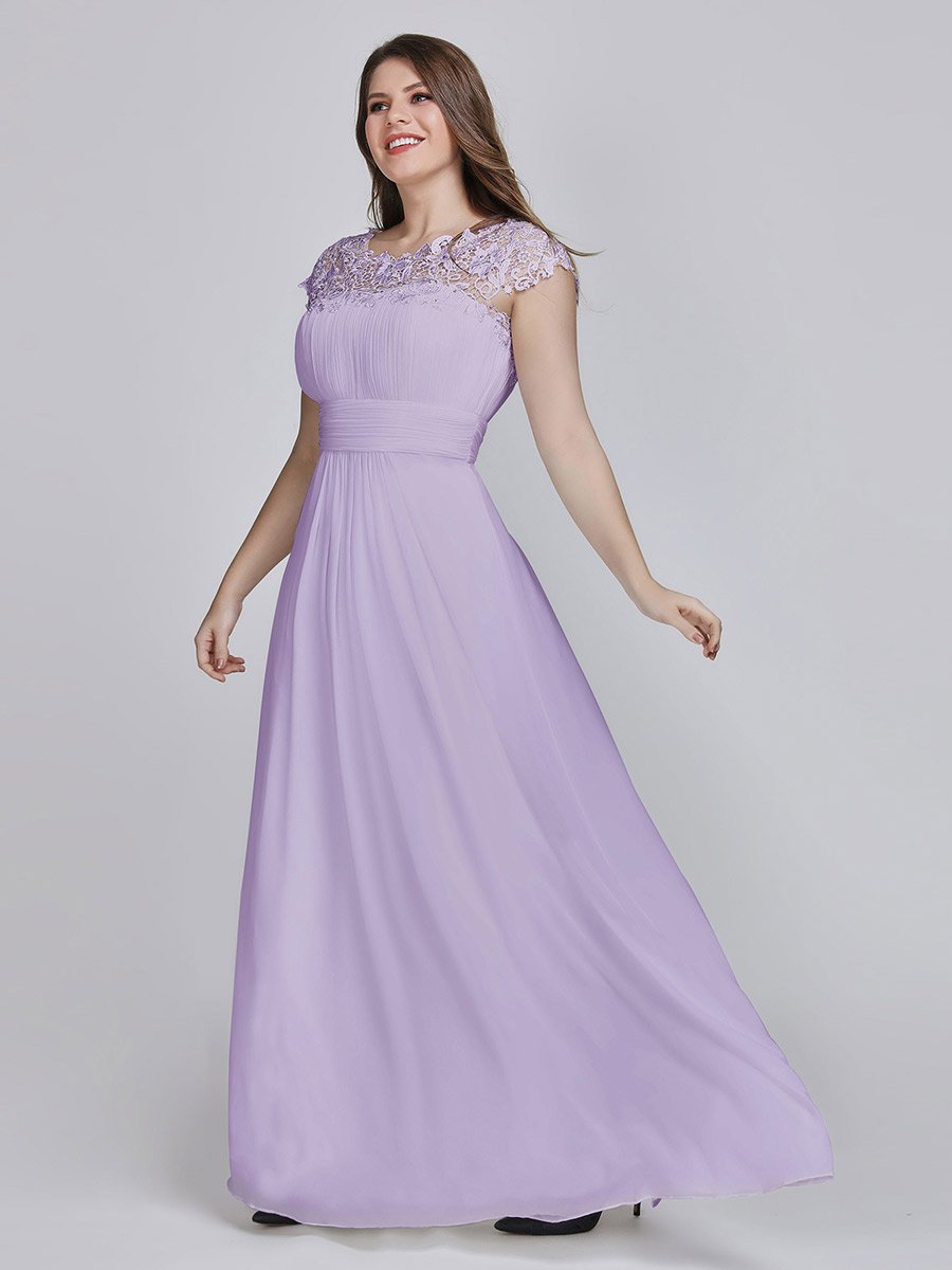 Color=Lavender | Lacey Neckline Open Back Ruched Bust Plus Size Evening Dresses-Lavender  7