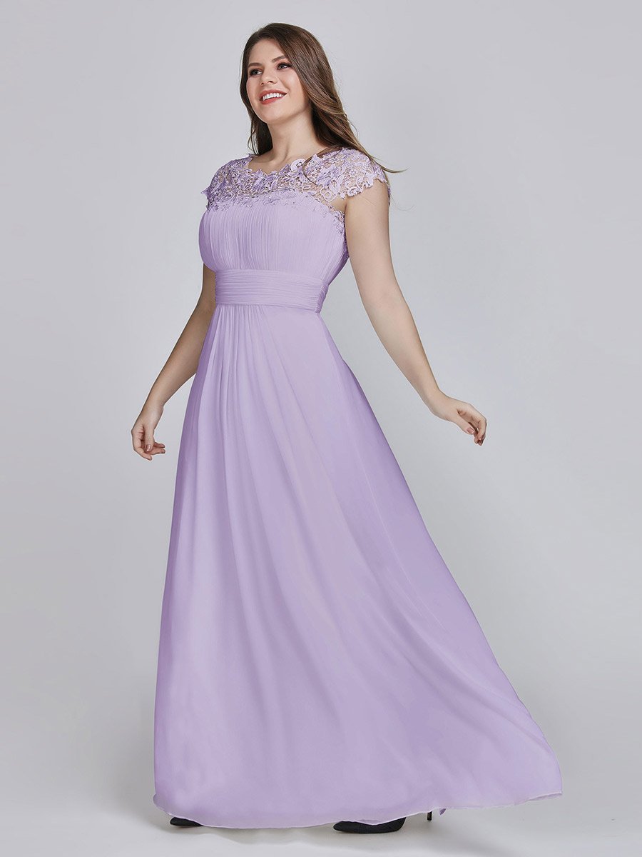 Color=Lavender | Lacey Neckline Open Back Ruched Bust Plus Size Evening Dresses-Lavender 7