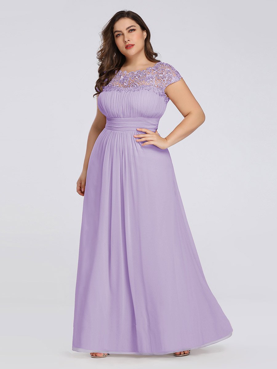 Color=Lavender | Lacey Neckline Open Back Ruched Bust Plus Size Evening Dresses-Lavender 6